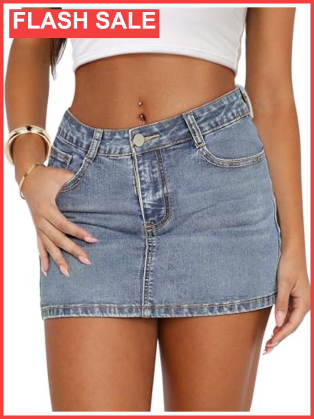 Women's Denim Mini Skirt Stretch Low Waist Zip Fly Pockets Casual Jean Skirt